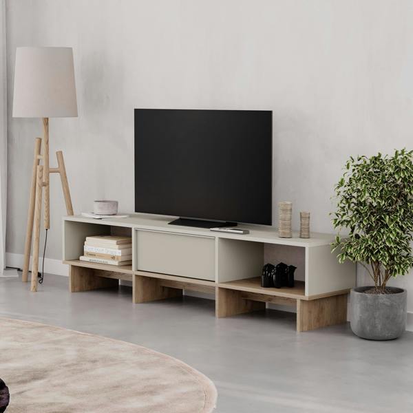 Decortie Modern TV Stand 170cm w/Soft-Close Drop-Down Door Open Shelves Metal Handle Living Room TV Cabinet Sandstone, Natural Oak
