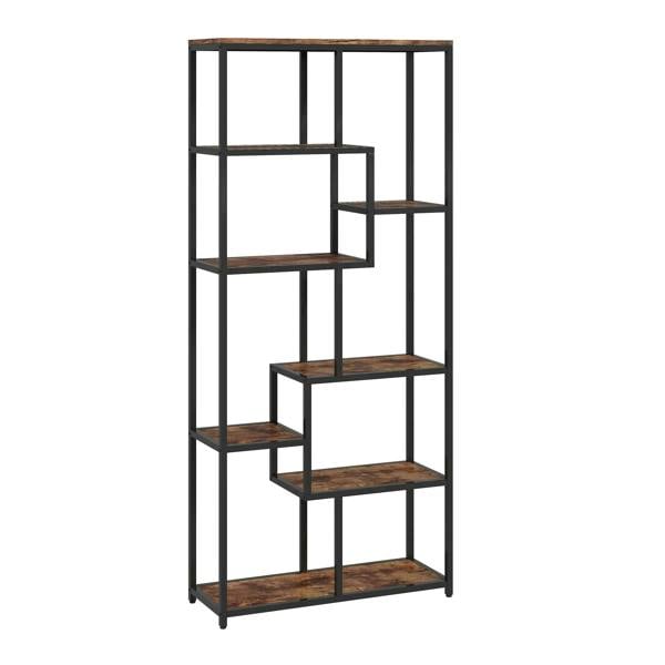 Seven-tier geometric bookcase with brown and black shelves, open cube design.