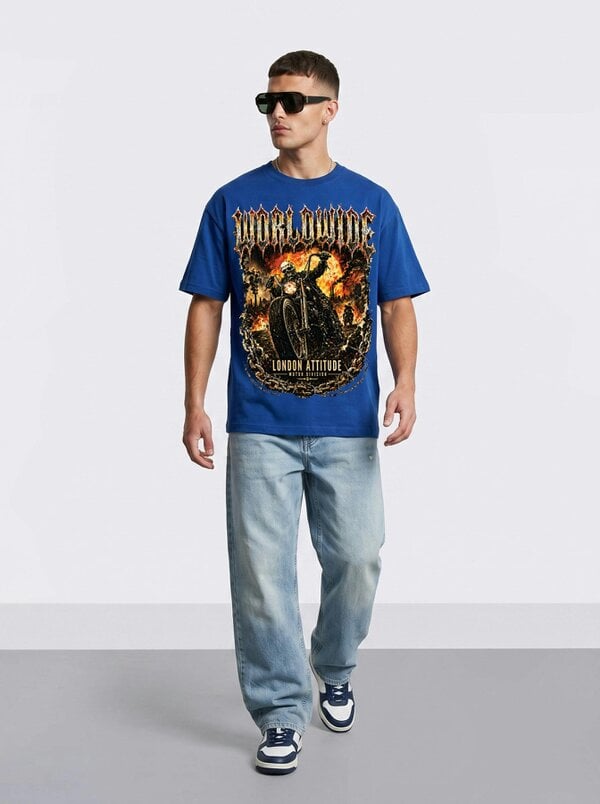 London Attitude Worldwide Skull Biker Oversized Heavyweight Graphic T-Shirt