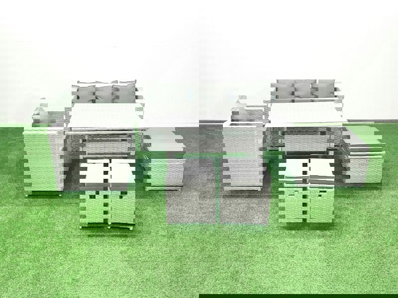 Fimous Garden Dining Set Outdoor Rattan Furniture Set with Sofa Dining Table 3 Footstools Light Grey Mixed