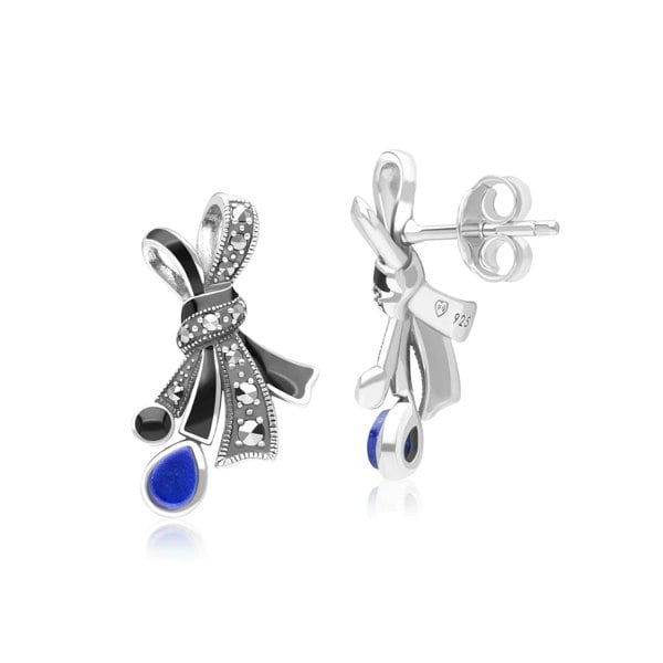 Art Nouveau Style Marcasite, Lapis Lazuli and Black Enamel Ribbon Bow Stud Earrings in Sterling Silver 214E935802925 Side