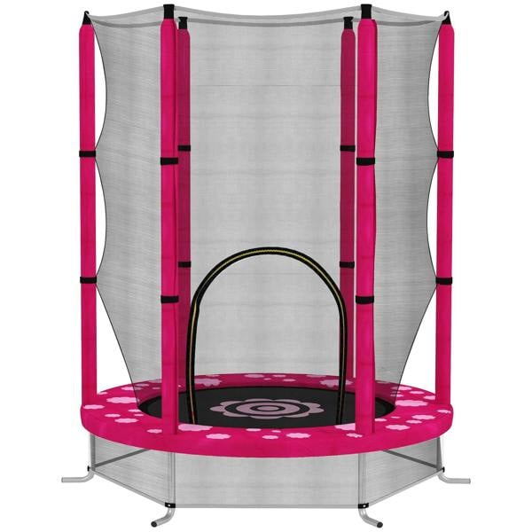 Pink 4.6ft toddler trampoline with safety enclosure net and padded jumping mat