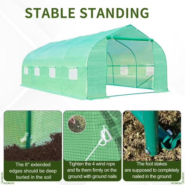 Green walk-in greenhouse with roll-up door and arched roof, standing frame