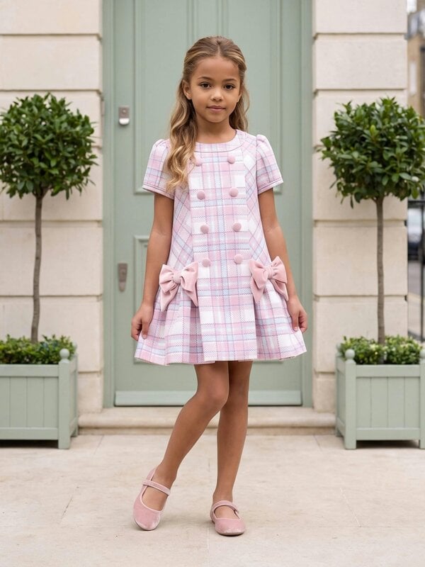DRESS & Fleur Girls Check and Bow Dress in Pink