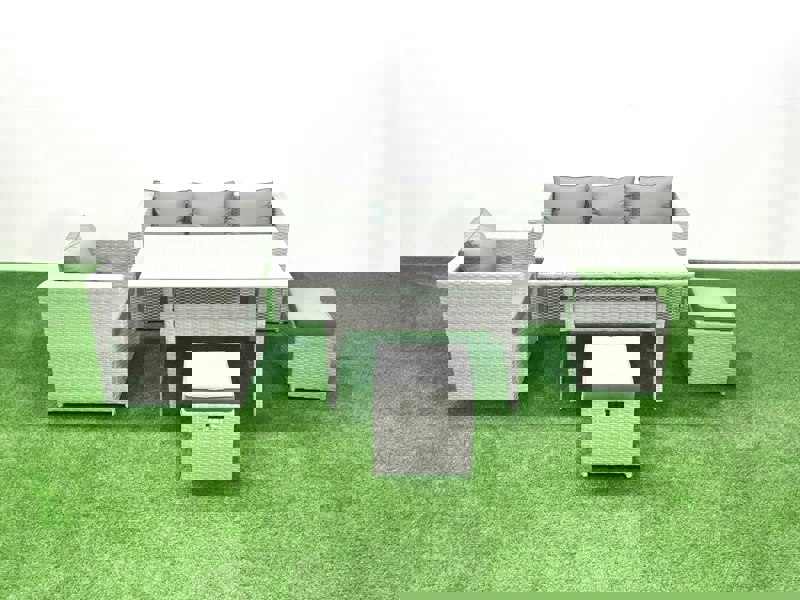 Fimous Garden Dining Set Outdoor Rattan Furniture Set with Sofa Dining Table Small Footstools Light Grey Mixed