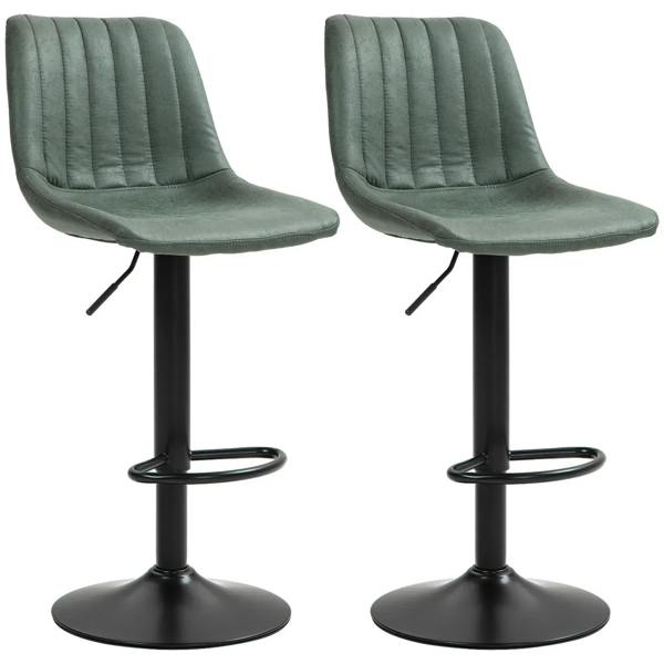 Set of two green retro bar stools with tufted seats, footrests, and black bases