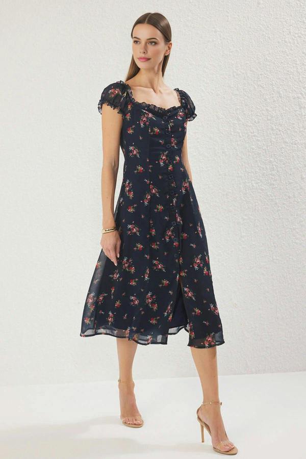 WOVCOR Floral Lined Chiffon Woven Midi Dress