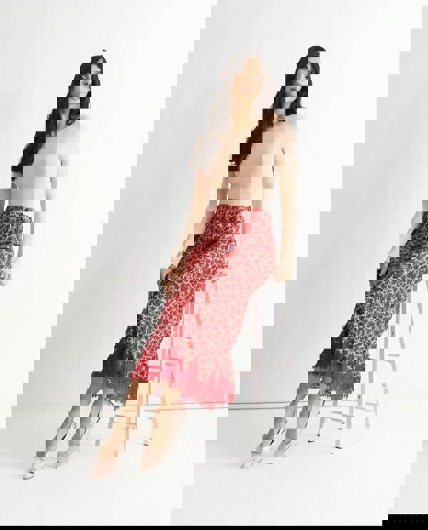 Gini London Red Floral Lace Trim Bias Midi Skirt