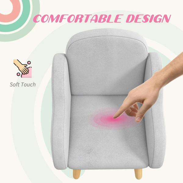 Grey kids armchair with cushioned seat and armrests, hands testing
