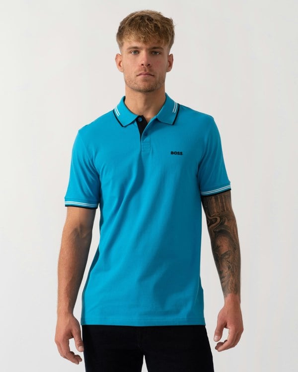 BOSS Green Paul Mens Short Sleeve Polo Shirt With Contrast Tipping - Turquoise/Aqua 443 - CHO - Designer Mens Short Sleeve Polo Shirts