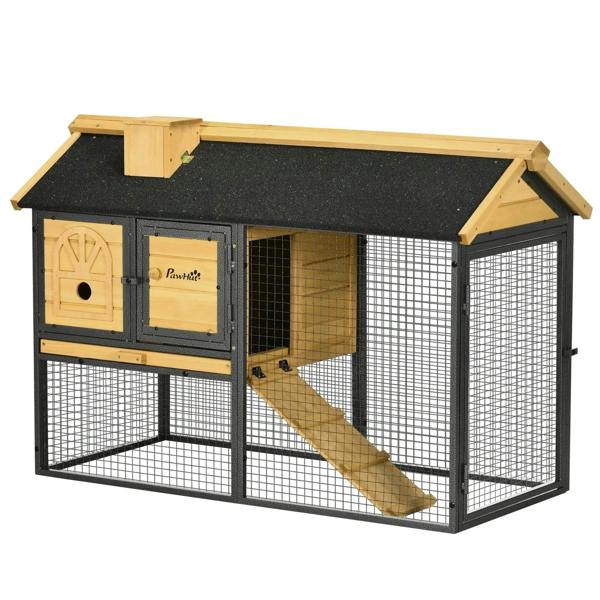Outdoor rabbit hutch with run, black wire mesh, wooden house, dark asphalt roof