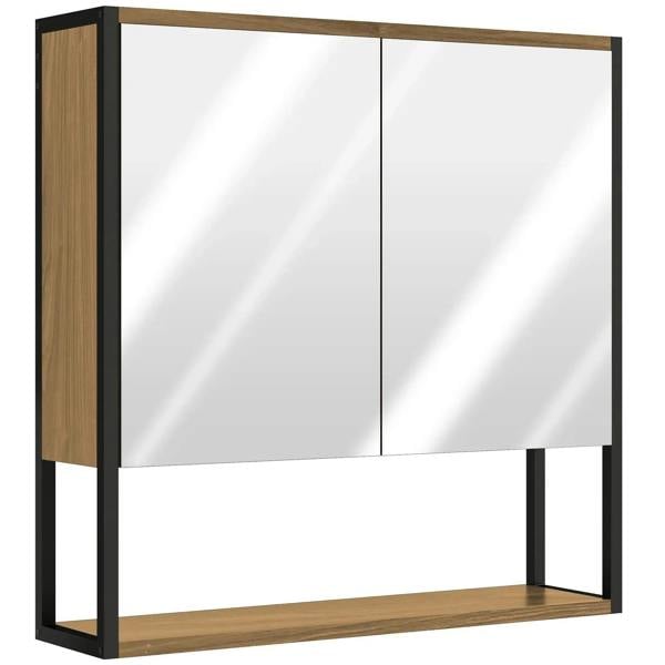 Bathroom mirror cabinet with natural wood frame and two mirrored doors, open shelf base