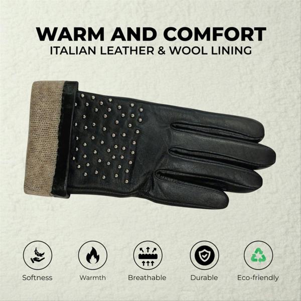 Infinity Leather Womens Italian Leather Winter Studded Design Soft Wool Lining Gloves - L-GLV-601