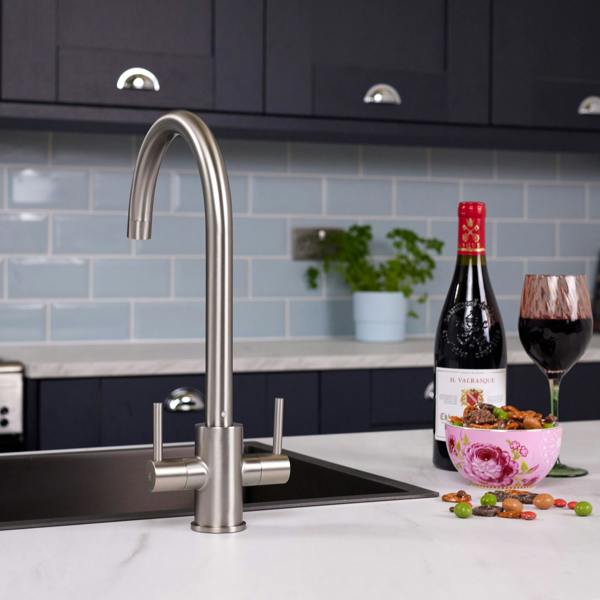 Flode Hammerfest | Dual Lever Kitchen Sink Mixer Tap with Swivel Spout | Brushed Steel Finish