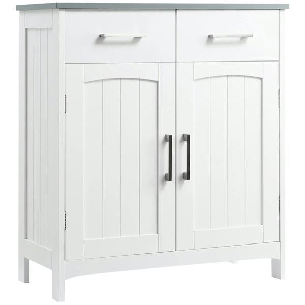 White freestanding bathroom cabinet with 2 drawers and double doors, vertical metal handles
