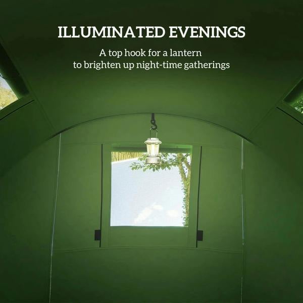 Green tent interior with hanging lantern hook over an arched front opening with mesh window