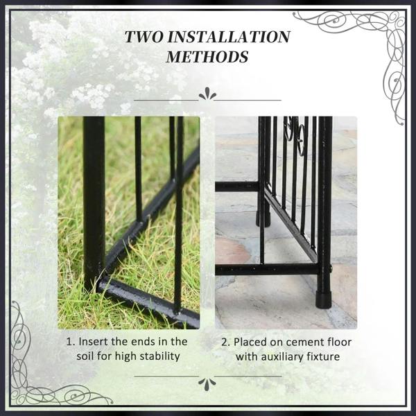 Black metal garden arbor arch with double doors, installation methods infographic displayed
