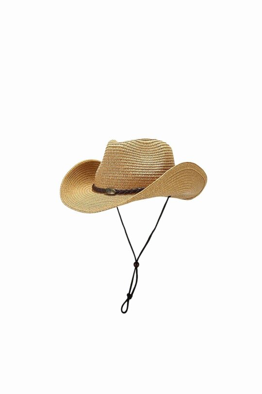SVNX Wide Brim Straw Sun Hat with Adjustable Chin Strap in Beige