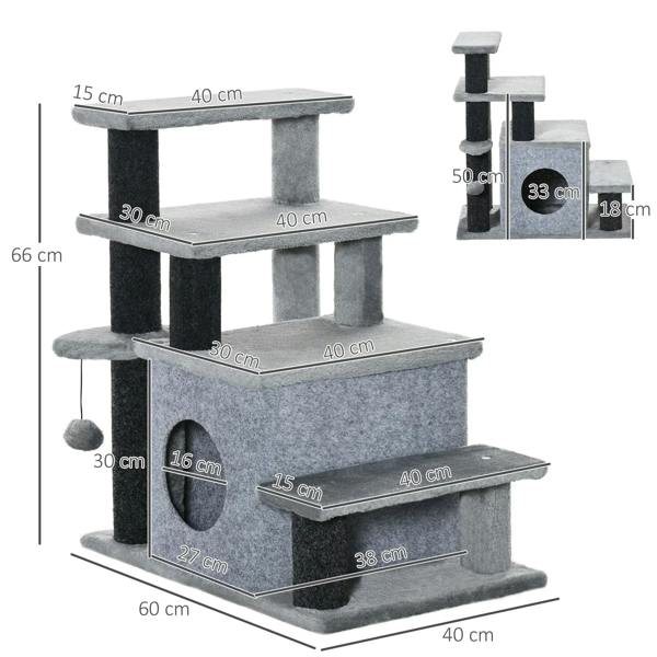 Grey multi-level cat steps with house doorway, shown with size measurements