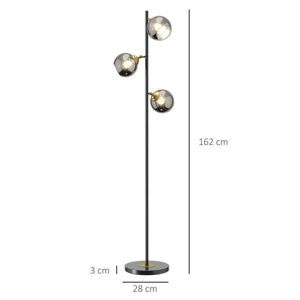 Grey standing floor lamp with three globe glass shades and round base, 162 cm
