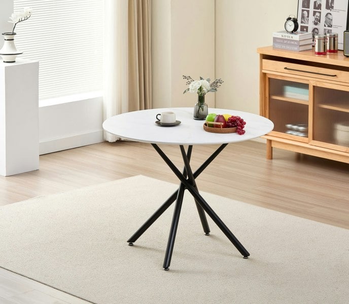 Indoor Living Seattle Circle Stone White Concrete Dining Table with starburst black legs