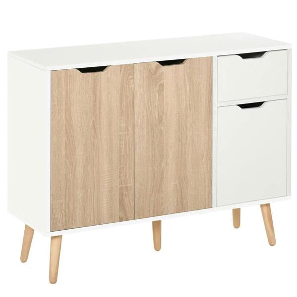 Natural wood and white sideboard cabinet with two doors and two drawers