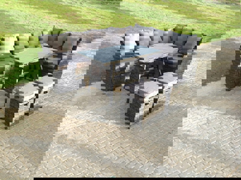 Fimous High Back Rattan Corner Sofa Set Dining Table Outdoor Furniture Dark Grey Mixed Right Option