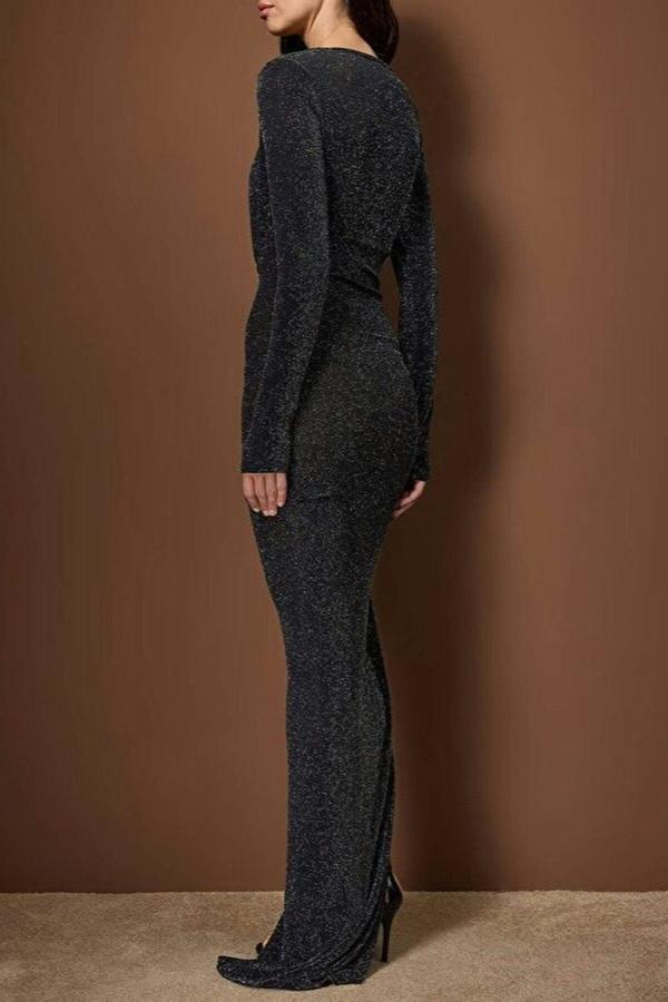 WOVCOR Glittery Knit Deep V-Neck Maxi Evening Dress