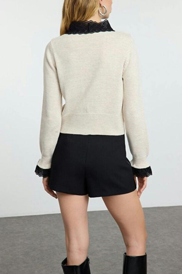 WOVCOR Lace Garnished Ribbon/Bow Detailed Knit Crop Cardigan