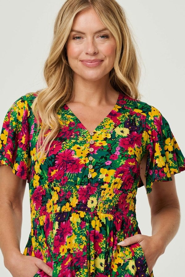 Green | Floral Shirred Short Sleeve Midi Dress
