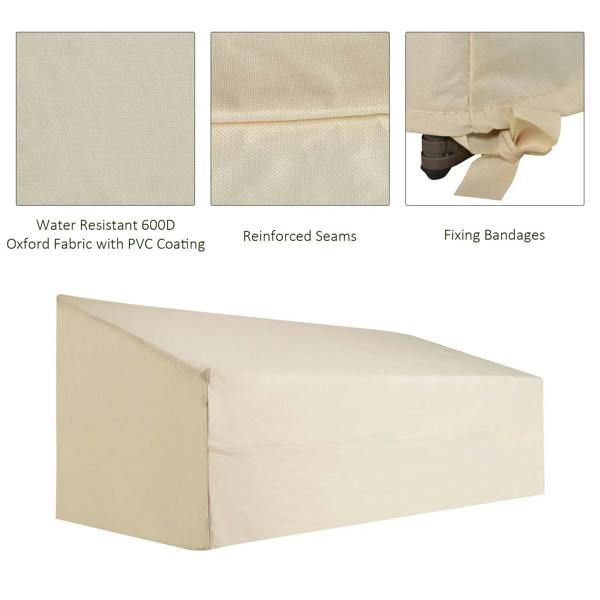 Beige 3-seater sofa cover detail: reinforced seams, water-resistant 600D fabric, tie straps