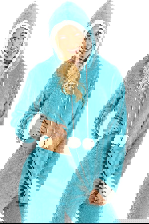 Camille Womens Light Blue Supersoft Fleece Hooded Pyjama Set