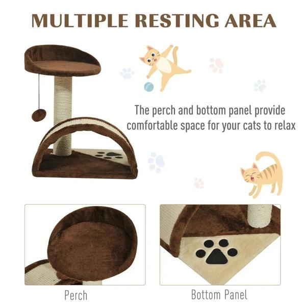 Brown cat tree with top perch and curved scratching tunnel on sisal posts