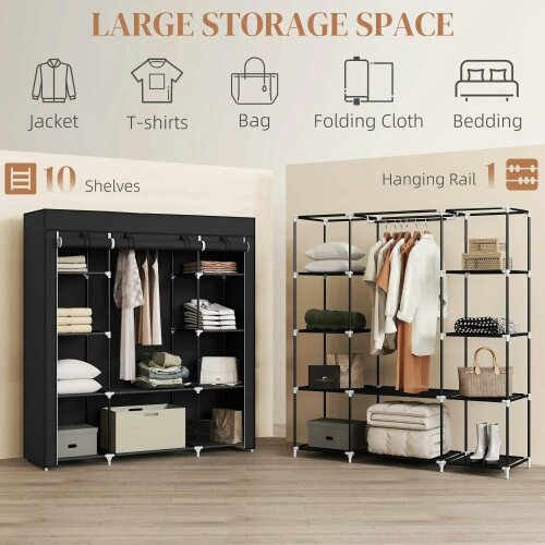 Portable Wardrobe, Foldable Fabric Wardrobe, 150 x 43 x 162.5cm, Clothes Storage Organiser - Hanging Rail, Shelves, Fabric Cover, Black