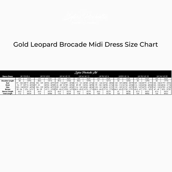 Gold Leopard Brocade Midi Dress Size Chart