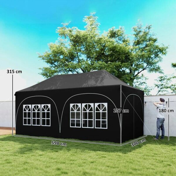 Bobobiy 3 x 6m Pop Up Gazebo Shelter with Sides, 6 Sandbags, Peak Top Garden Party Tent Marquee with Carry Bag, Black