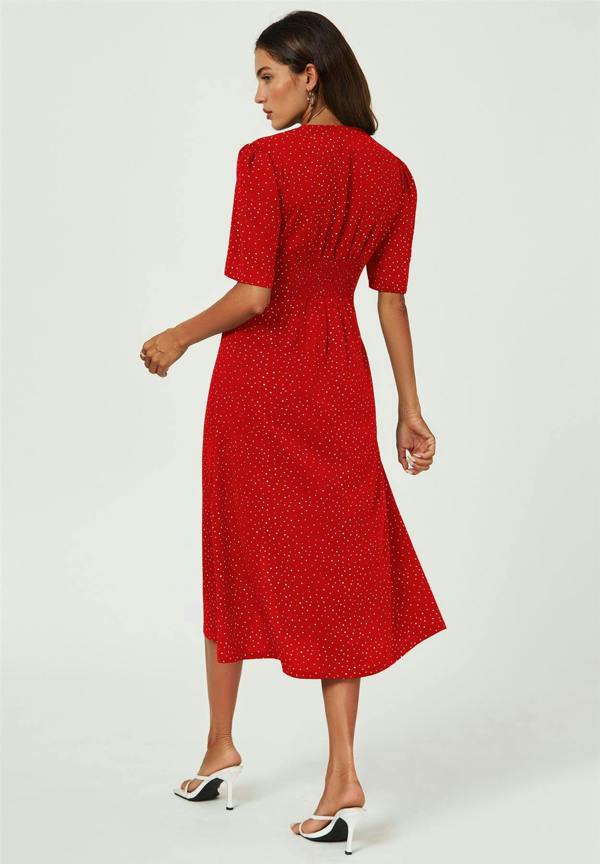 FS Collection Dot Print Button Front Midi Dress In Red