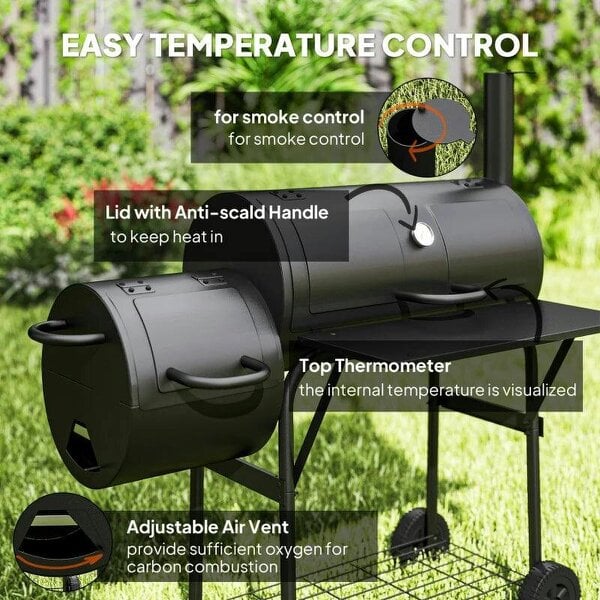Bobobiy Barbecue Grill Portable Outdoor Charcoal BBQ Grill with Offset Smoker 109 x 60 x 120 cm Black