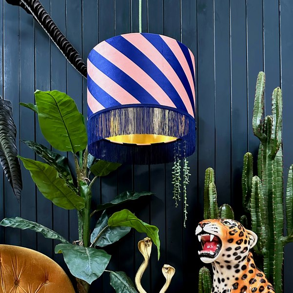 Love Frankie Peach Fuzz Helter Skelter Velvet Lampshades With Gold Foil Lining and Fringing