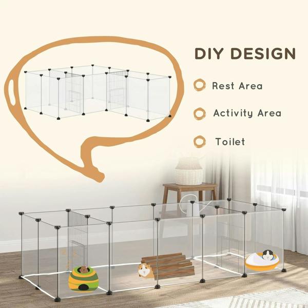 White DIY small pet playpen layout with clear panels dividing rest and activity areas