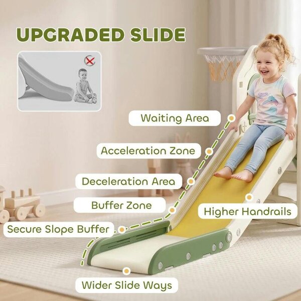 Foldable 5 in 1 Toddler Slide with Ladder, Climbing Wall, Basketball Hoop, Storage and Basketball for 1-3 Years, Cream