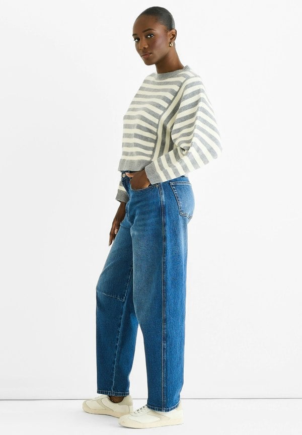 Gini London Grey Recycle Contrast Stripe Loose Fit Knit Jumper