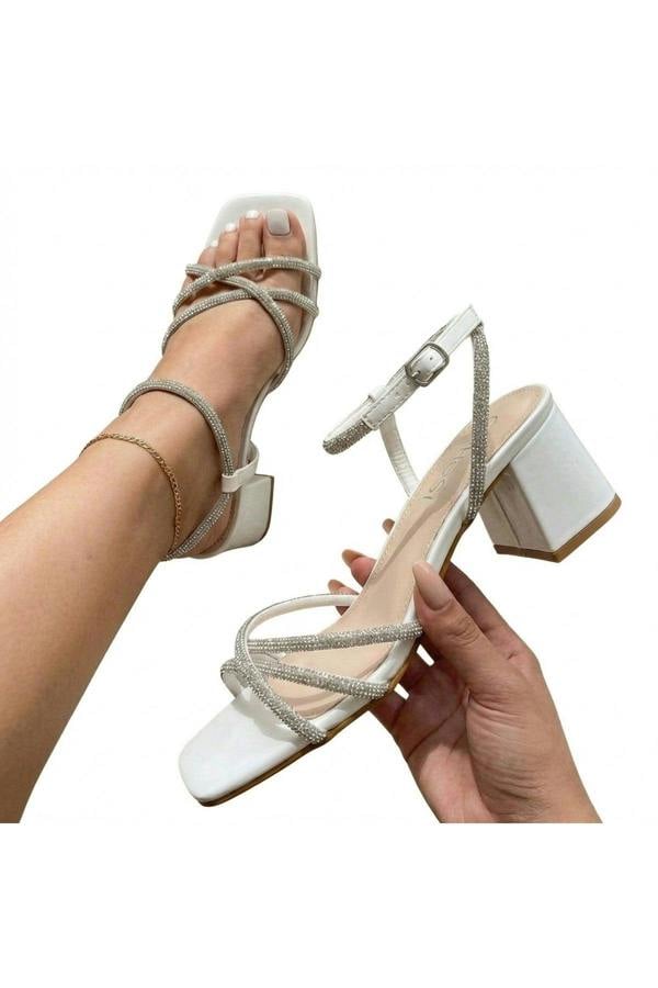 Willow Rhinestone Block Heel Sandals - White_wb