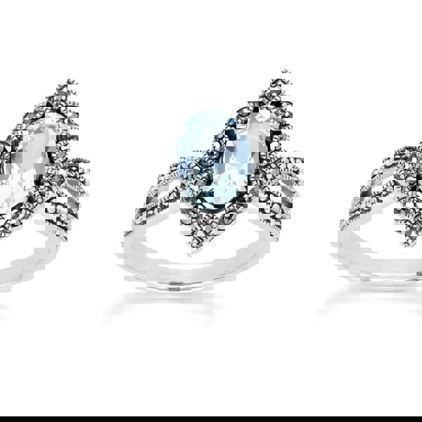 Gemondo Art Deco Style Oval Blue Topaz & Marcasite Ring in Sterling Silver