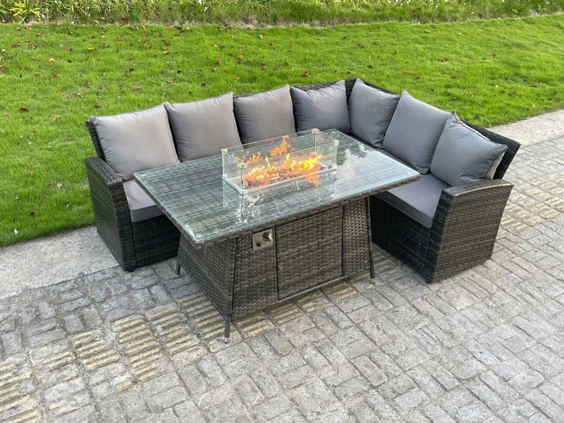 Fimous High Back Outdoor Rattan Corner Sofa Set Garden Furniture Set Gas Fire Pit Dining Table Gas Heater 6 Seater