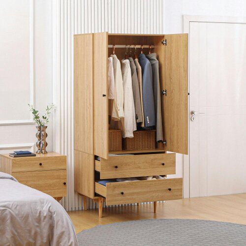 Wyld Haus Coramar Natural Wood 2 Door Wardrobe With Hanging Rail And 2 Drawers