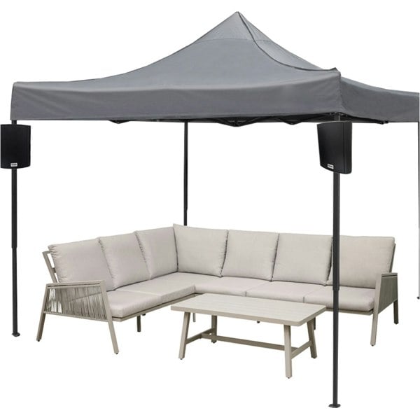 6pc Garden Sofa Set Pop-up Gazebo & Outdoor Speaker System - Coffee Table Party