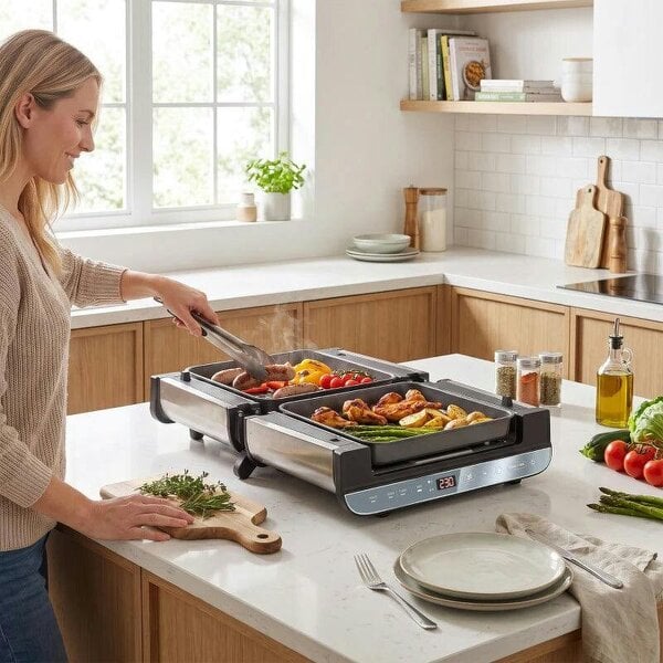 3-in-1 Electric Mini Oven, Long Slot Toaster and Tabletop Grill, with LED Display, 60 Min Timer, Stainless Steel, 1700W
