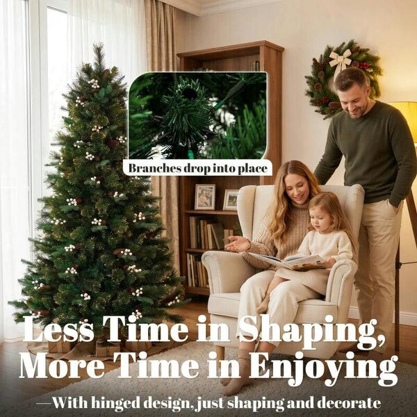 Bobobiy 6ft Artificial Christmas Tree, Fir Hinged Xmas Tree with 716 Branch Tips, Foldable Metal Stand, Easy Assembly, Green
