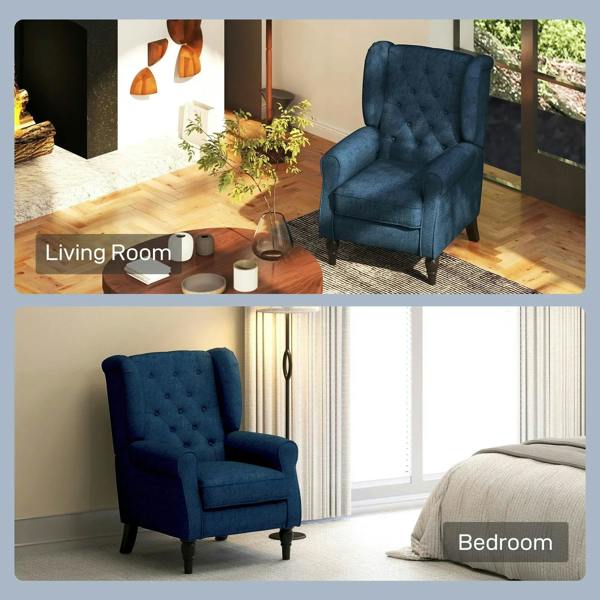Blue wingback accent chair with tufted back and cushioned seat on dark legs.